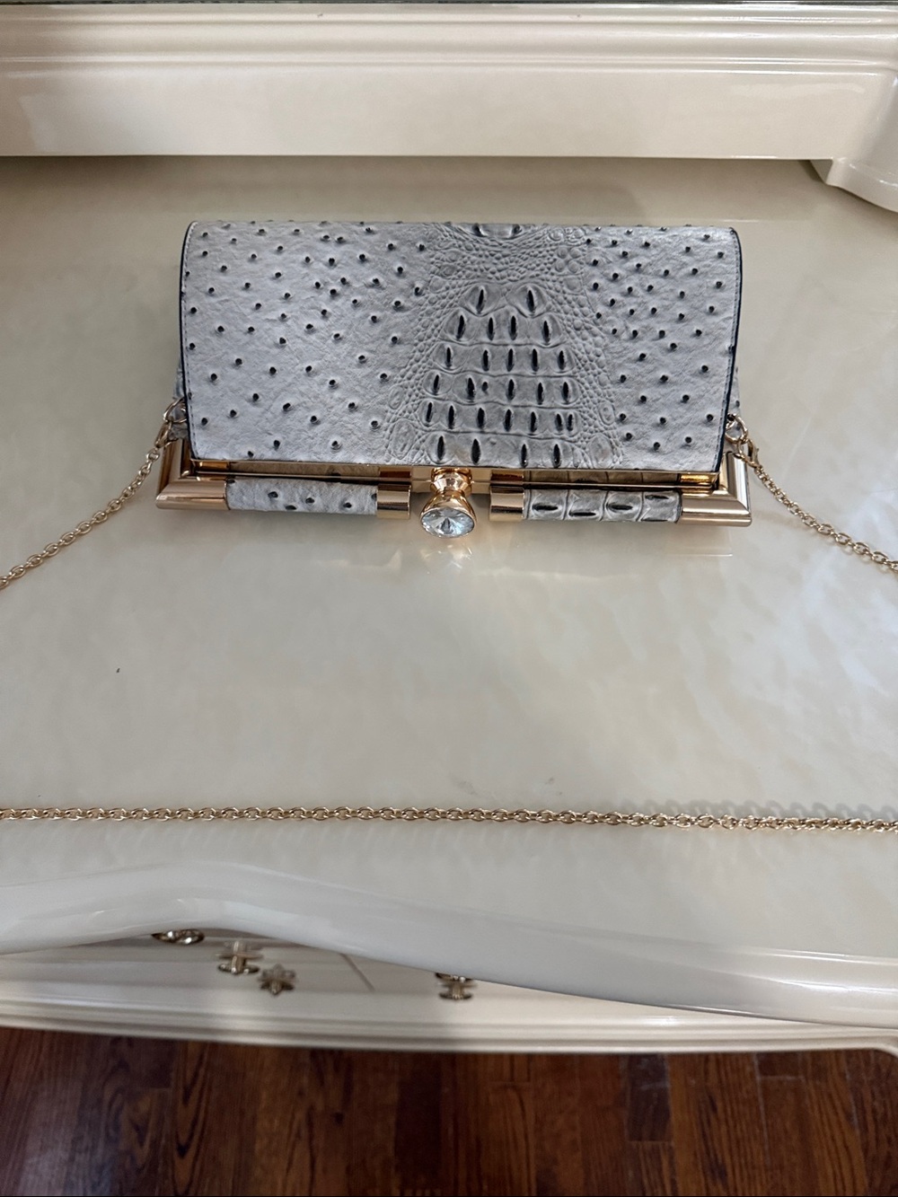 Textured Gray Faux-Ostrich Clutch with Gold Accent and Crystal Detail